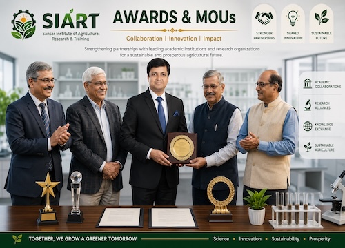 Rajeev Singh SIART Awards and MOUs banner featuring academic collaborations, university partnerships, research alliances, knowledge exchange programs, institutional recognition, and sustainable agriculture innovation initiatives.