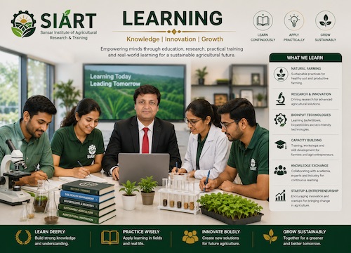 Rajeev Singh leading a SIART learning and capacity building session with students and researchers focusing on natural farming biofertilizers agricultural innovation soil health sustainable agriculture and practical skill development.