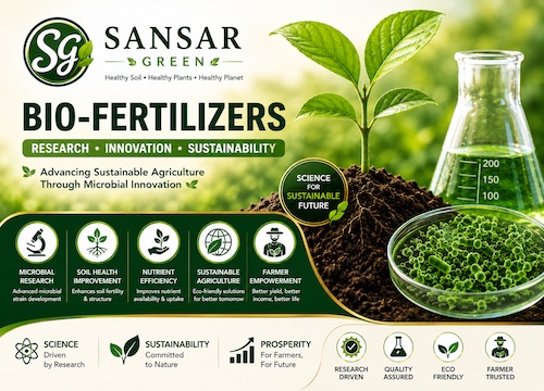 Sansar Green Bio-Fertilisers research banner promoting microbial technology, soil health improvement, sustainable agriculture and eco-friendly farming under the leadership of Rajeev Singh.
