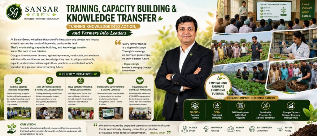 Rajeev Singh, Founder of Sansar Green, conducting farmer training sessions and practical workshops on organic farming, biofertilisers, hydroponics, sustainable agriculture, and modern farming technologies while mentoring farmers, students, and agri-entrepreneurs.