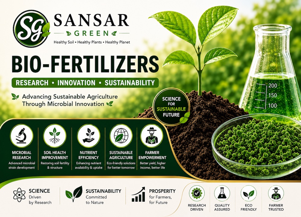 Rajeev Singh, Founder of Sansar Green, showcasing the company's commitment to sustainable agriculture through advanced bio-fertilizers, microbial innovation, soil health improvement, and eco-friendly farming solutions. The banner features green plants, laboratory research elements, beneficial microbes, and sustainability icons representing science-driven organic agriculture.