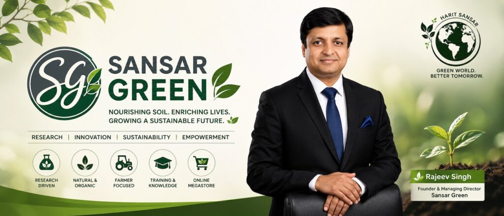 Rajeev Singh, Founder & Managing Director of Sansar Green, presenting the company's vision of science-backed natural and bio-fertilizers, sustainable agriculture, farmer empowerment, and research-driven agricultural innovation.