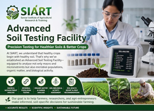 Rajeev Singh SIART Advanced Soil Testing Facility banner showcasing precision soil analysis, nutrient testing, microbial population assessment, organic matter evaluation, soil biological activity monitoring, and sustainable agriculture solutions.