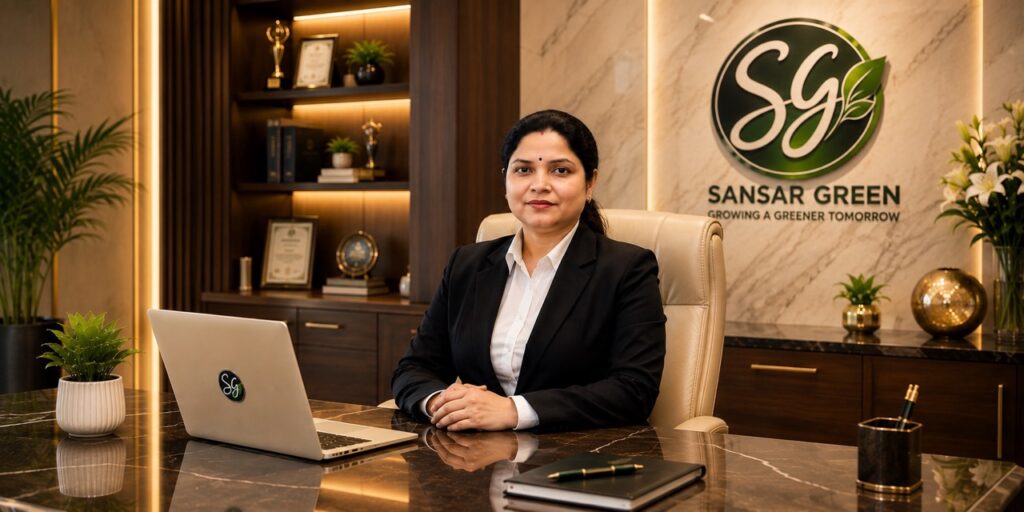 Rimi Singh, Managing Director of Sansar Green, stands confidently in a premium executive office featuring the illuminated Sansar Green logo, symbolizing sustainable agriculture, innovation, and green leadership in Giridih, Jharkhand, with the Harit Sansar mission expanding across Ranchi, Bhagalpur, Bihar, and India.