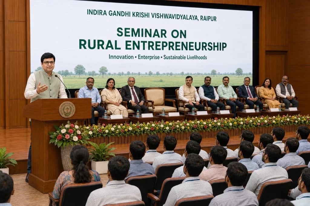 Rajeev Singh, Founder of Sansar Green and environmental leader from Giridih, Jharkhand, delivering a keynote address on rural entrepreneurship at IGKV Raipur.