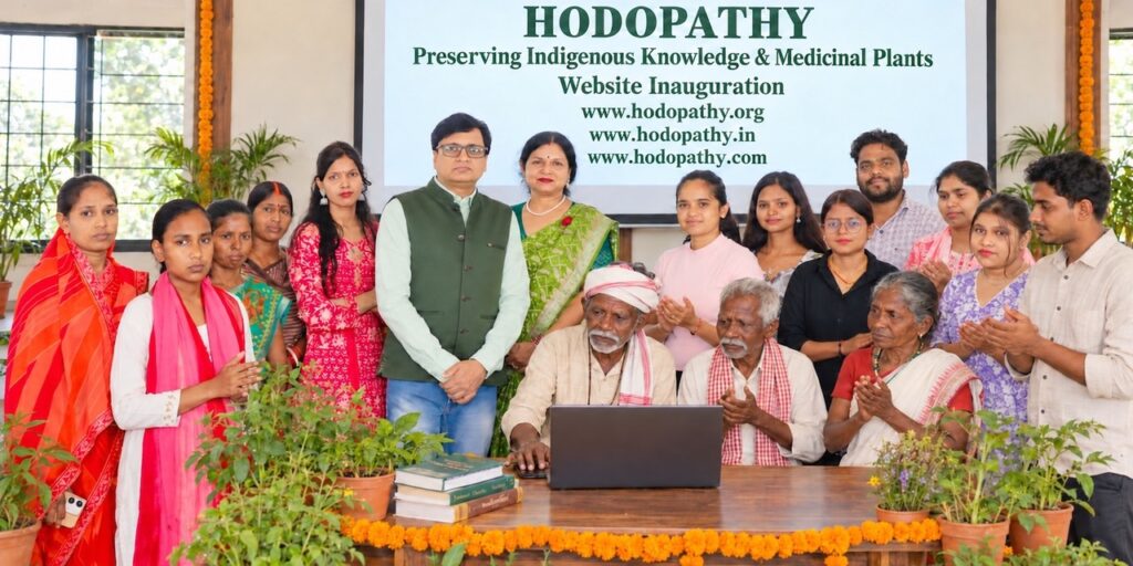 Hodopathy website inauguration in Giridih on 8 October 2026, with Rajeev Singh, traditional Adivasi knowledge holders, community members and medicinal plants displayed during the conservation event.